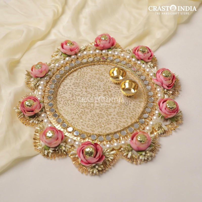 CRASTO INDIA Handcrafted 2VATI Festive Pooja THALI 36 with Lace Flowers Beads and Mirrors for Festivals Weddings and PUJA - Image 2