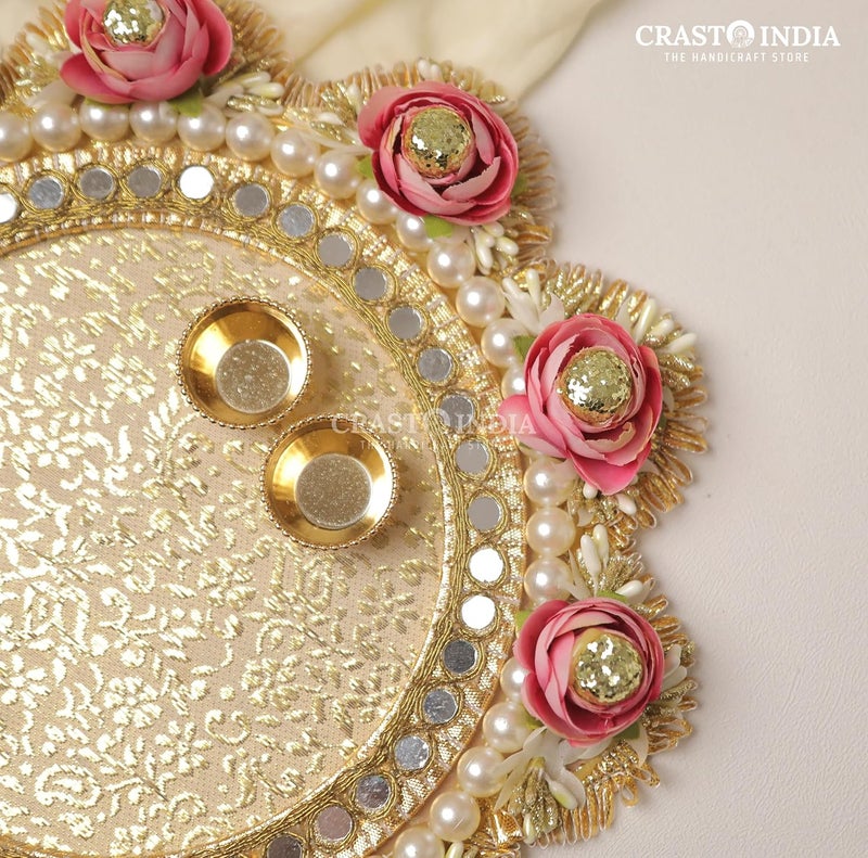 CRASTO INDIA Handcrafted 2VATI Festive Pooja THALI 36 with Lace Flowers Beads and Mirrors for Festivals Weddings and PUJA - Image 4