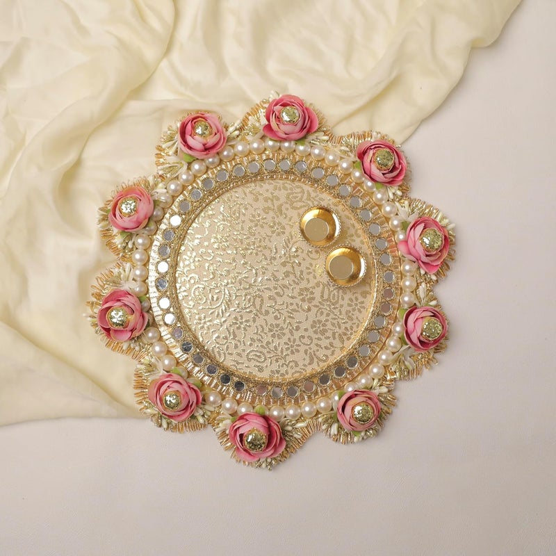 CRASTO INDIA Handcrafted 2VATI Festive Pooja THALI 36 with Lace Flowers Beads and Mirrors for Festivals Weddings and PUJA - Image 1