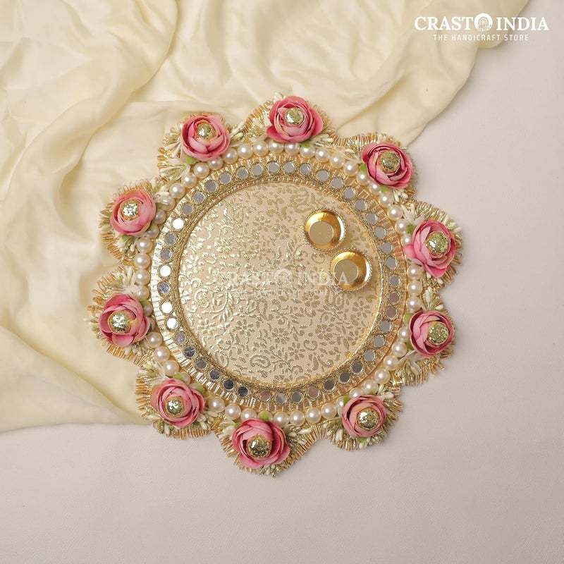 CRASTO INDIA Handcrafted 2VATI Festive Pooja THALI 36 with Lace Flowers Beads and Mirrors for Festivals Weddings and PUJA - Image 5