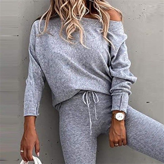Spot 2022 European and American foreign trade solid color fashion casual lace slant shoulder sports pants long suit women Grey  - Image 1