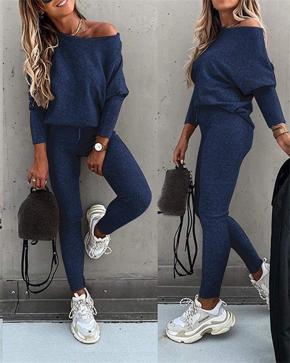 Spot 2022 European and American foreign trade solid color fashion casual lace slant shoulder sports pants long suit women Grey  - Image 4