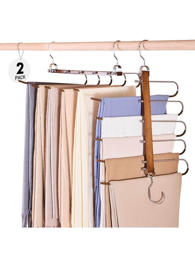 HOUSE DAY Pants Hangers Space Saving Wood Pants Rack 5 in 1 Space Saving Pants Hangers Multi Functional Pants Rack Anti-Slip Multiple Pants Hangers for Closet Jean/Scarf/Leggings - Image 1