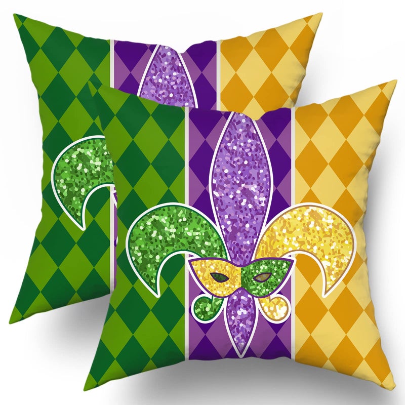 aportt Mardi Gras Pillow Covers 18X18 Inch Masquerade Mask Fleur De Lis Couch Pillow Cases Yellow Purple Green Throw Pillows Set of 2 Happy Mardi Gras Holiday Party Decor For Sofa Couch Home Decorations - Image 1