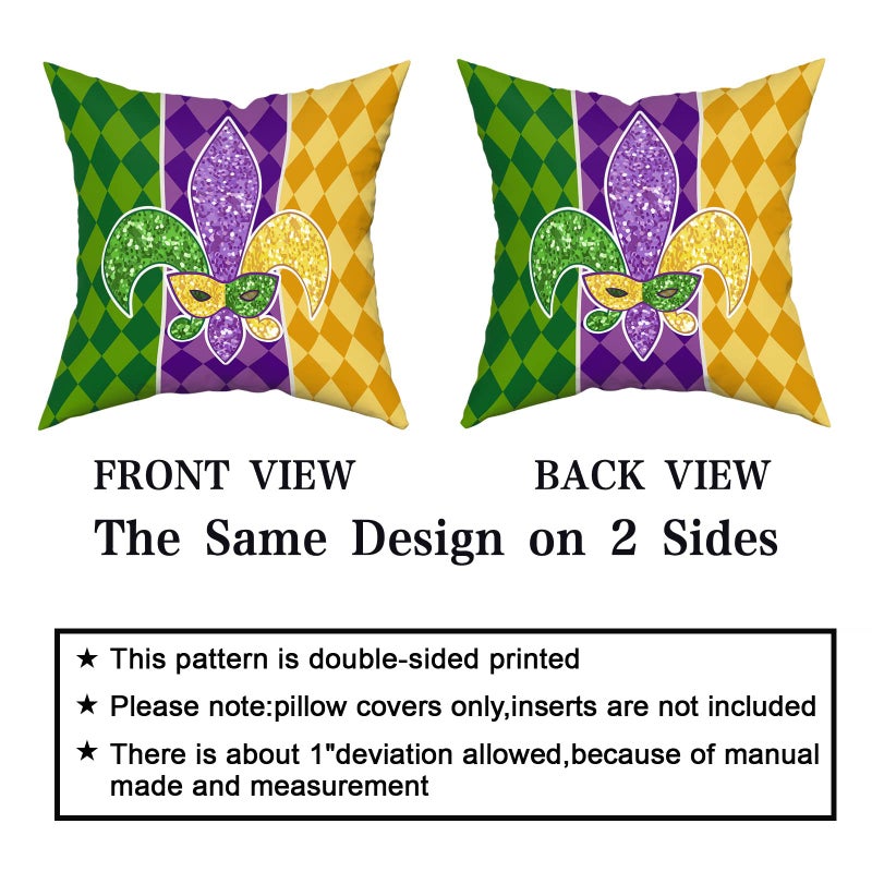 aportt Mardi Gras Pillow Covers 18X18 Inch Masquerade Mask Fleur De Lis Couch Pillow Cases Yellow Purple Green Throw Pillows Set of 2 Happy Mardi Gras Holiday Party Decor For Sofa Couch Home Decorations - Image 4