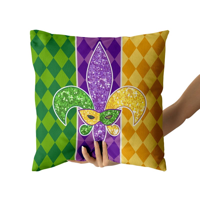 aportt Mardi Gras Pillow Covers 18X18 Inch Masquerade Mask Fleur De Lis Couch Pillow Cases Yellow Purple Green Throw Pillows Set of 2 Happy Mardi Gras Holiday Party Decor For Sofa Couch Home Decorations - Image 3