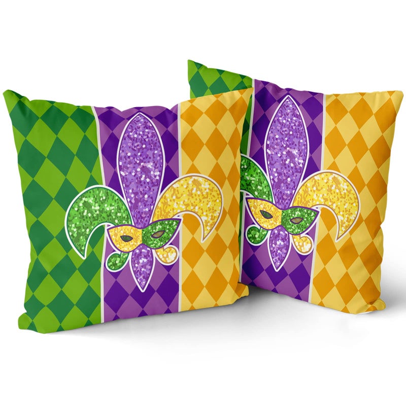 aportt Mardi Gras Pillow Covers 18X18 Inch Masquerade Mask Fleur De Lis Couch Pillow Cases Yellow Purple Green Throw Pillows Set of 2 Happy Mardi Gras Holiday Party Decor For Sofa Couch Home Decorations - Image 2