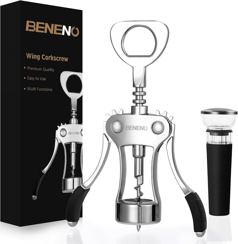 Beneno فتاحة زجاجات النبيذ مع سدادة فراغ نبيذ مانعة للتسرب من السيليكون، فتاحة زجاجات متعددة الوظائف من سبائك الزنك مع فتاحة زجاجات، أسود غير لامع - Image 1