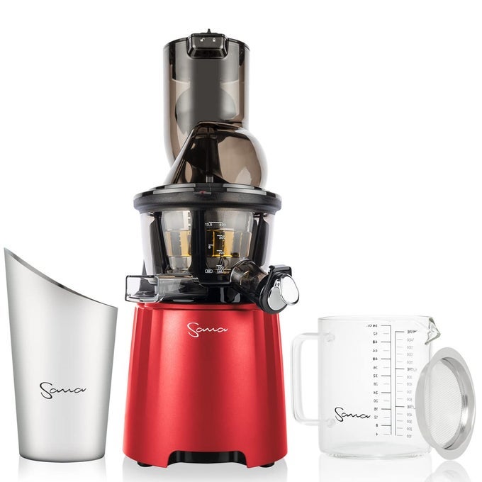 868 WIDE MOUTH PREMIUM COLD PRESSED VERTICAL JUICER PATENTED TRAP DOOR SYSTEM INCLUDES 2 PREMIUM ACCESSORIES 240W HIGH TORQUE MOTOR 15 YEAR WARRANTY RED