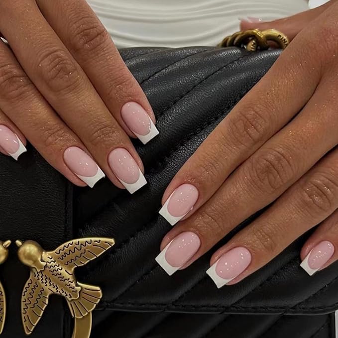 JUSTOTRY 24 Pcs Glossy Short False Nails Square PatternWhite French Press on Nails ShortTrendy Fake NailPink Squoval Stick on Nail for Women and Teens Nail Art - Image 1