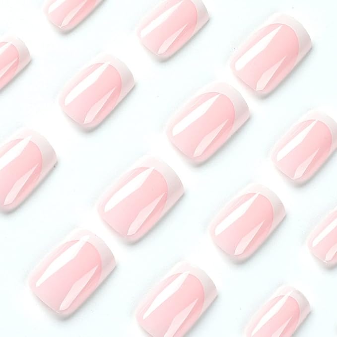 JUSTOTRY 24 Pcs Glossy Short False Nails Square PatternWhite French Press on Nails ShortTrendy Fake NailPink Squoval Stick on Nail for Women and Teens Nail Art - Image 3