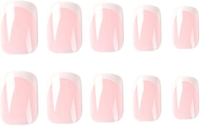 JUSTOTRY 24 Pcs Glossy Short False Nails Square PatternWhite French Press on Nails ShortTrendy Fake NailPink Squoval Stick on Nail for Women and Teens Nail Art - Image 2