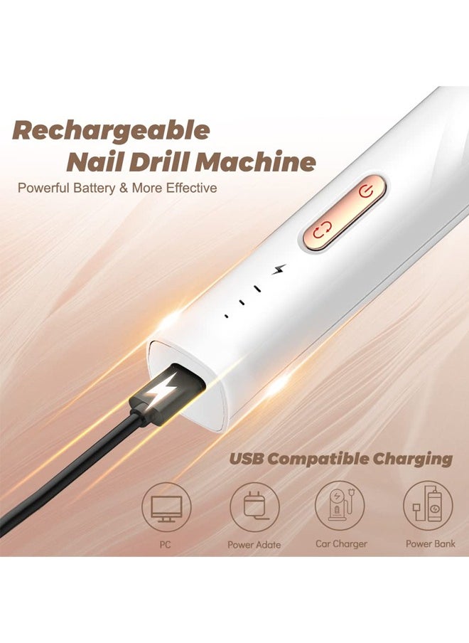 Electric Nail Grinder, Nail Art Grinder for Exfoliation with Ceramic Nail Drill Bits for Beginners, Nail Drill Machine Set for Polishing Nails, Manicure and Pedicure Tools (White)
