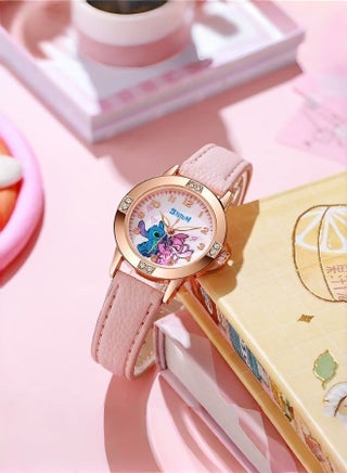 Stitch Kids Watch for Girls Pink Leather Strap Diamond Studded Quartz Wrist Watch for Children kids Time Learning School Daily Wear Birthday Party Gift Waterproof Adjustable - view 4