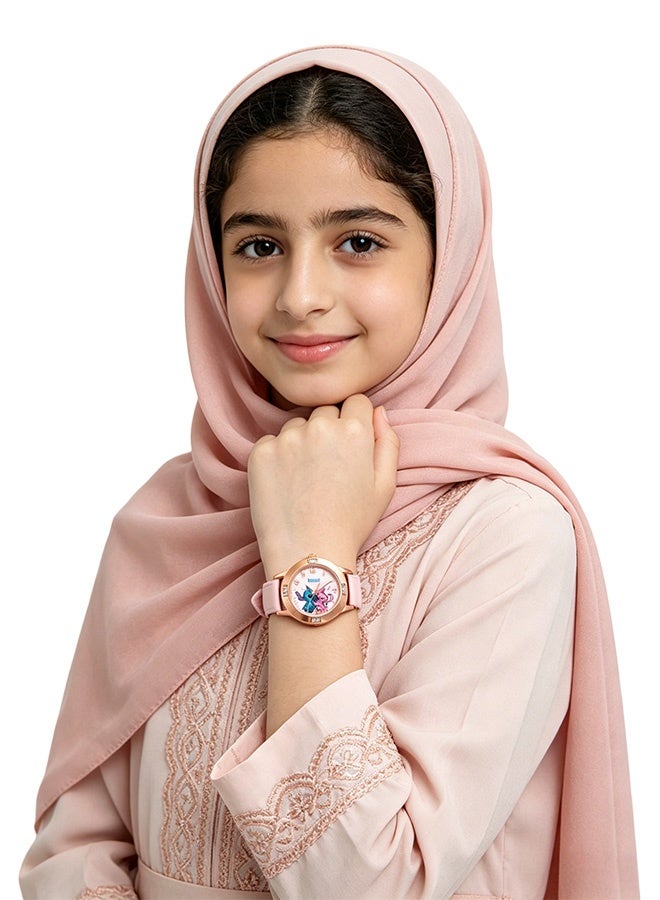 Stitch Kids Watch for Girls Pink Leather Strap Diamond Studded Quartz Wrist Watch for Children kids Time Learning School Daily Wear Birthday Party Gift Waterproof Adjustable - Image 2