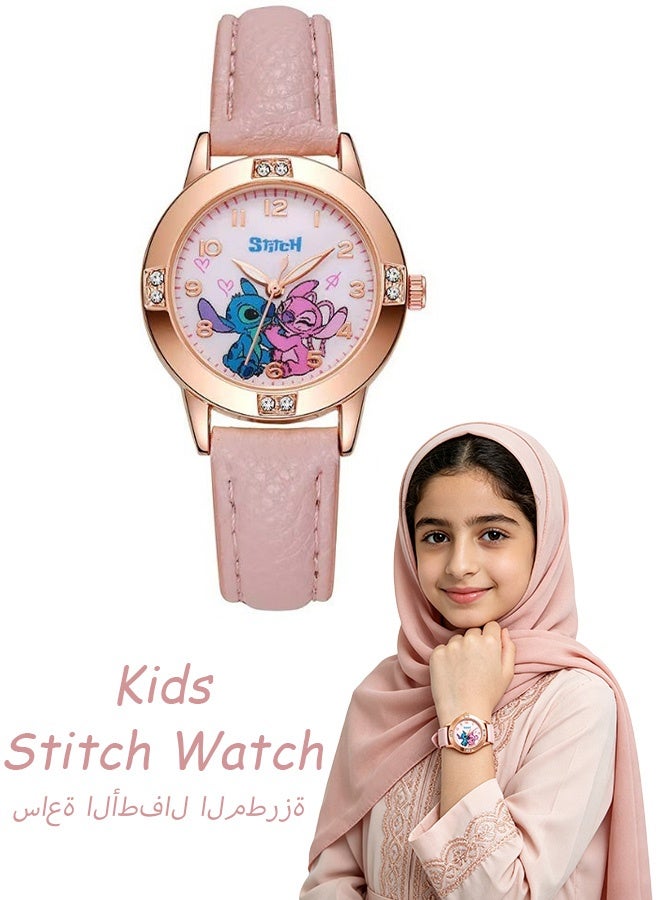 Stitch Kids Watch for Girls Pink Leather Strap Diamond Studded Quartz Wrist Watch for Children kids Time Learning School Daily Wear Birthday Party Gift Waterproof Adjustable - Image 1