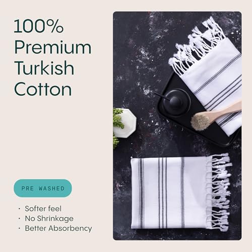 WETCAT Turkish Hand Towels with Hanging Loop, Set of 2 (20" x 30") 100% Turkish Cotton, Pre-Washed, Quick Drying, for Kitchen or Bathroom - Black & White - Image 3