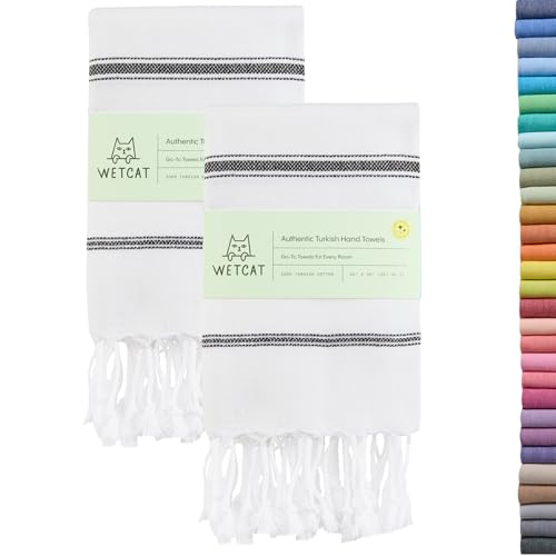 WETCAT Turkish Hand Towels with Hanging Loop, Set of 2 (20" x 30") 100% Turkish Cotton, Pre-Washed, Quick Drying, for Kitchen or Bathroom - Black & White - Image 1