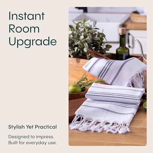 WETCAT Turkish Hand Towels with Hanging Loop, Set of 2 (20" x 30") 100% Turkish Cotton, Pre-Washed, Quick Drying, for Kitchen or Bathroom - Black & White - Image 2