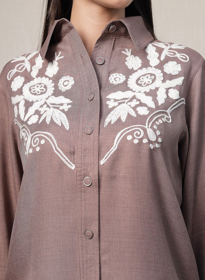 PlusS Brown Embroidered Shirt And Trousers Co-Ords For Women - Image 2