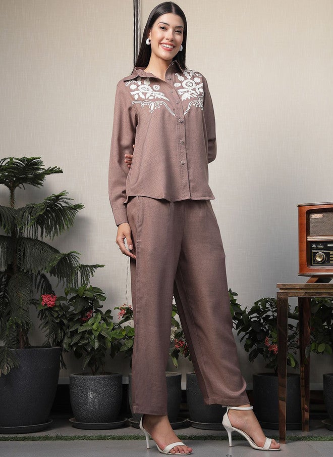 PlusS Brown Embroidered Shirt And Trousers Co-Ords For Women - Image 4