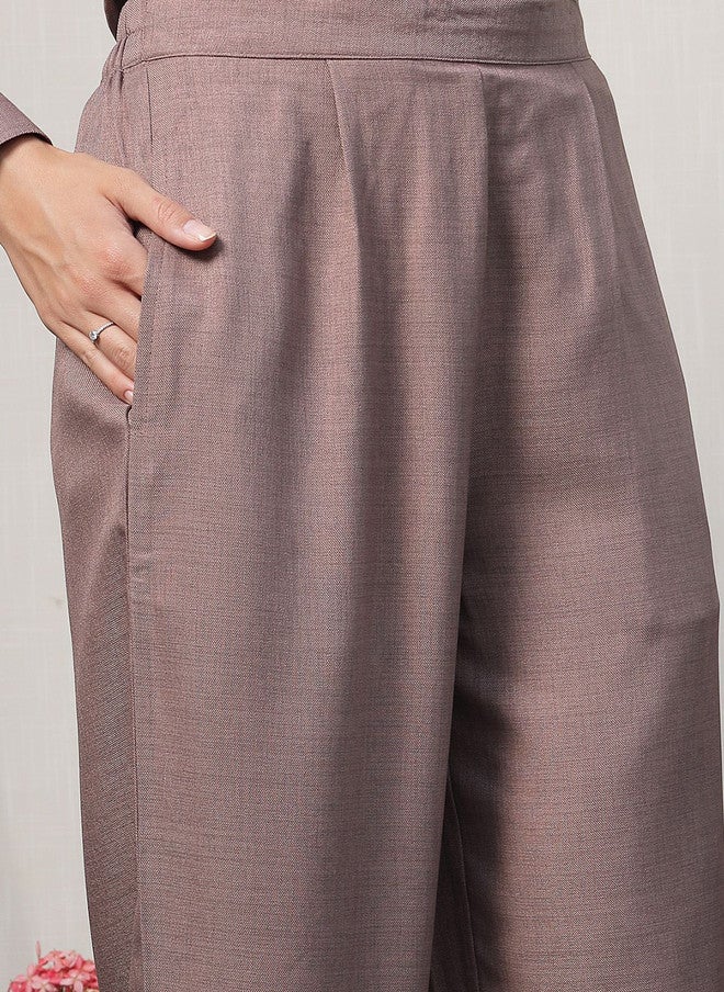 PlusS Brown Embroidered Shirt And Trousers Co-Ords For Women - Image 3