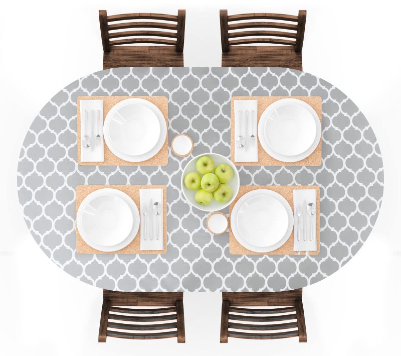 UMINEUX Oval Fitted Vinyl Tablecloth with Elastic Edged  Flannel Backing Waterproof Wipeable Oval Table Cover  Fits Tables up to 42X68 Gray Moroccan