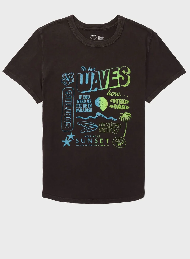 Aerie Crew Neck Printed T-Shirt
