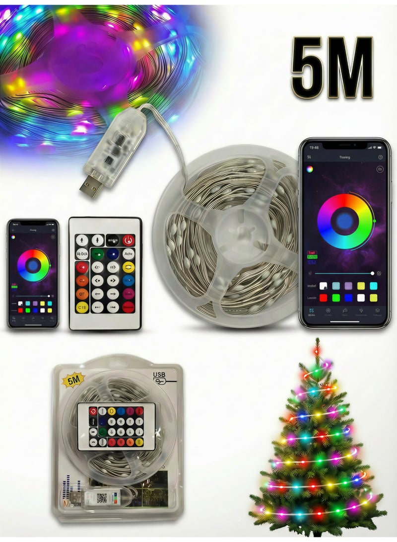 مصباح خيطي ليد USB بطول 5 متر مع ريموت كنترول وتطبيق - أضواء جنية سلك نحاسي مقاومة للماء للديكور - إضاءة مدمجة متعددة الاستخدامات للمنزل والحفلات والمناسبات - Image 1