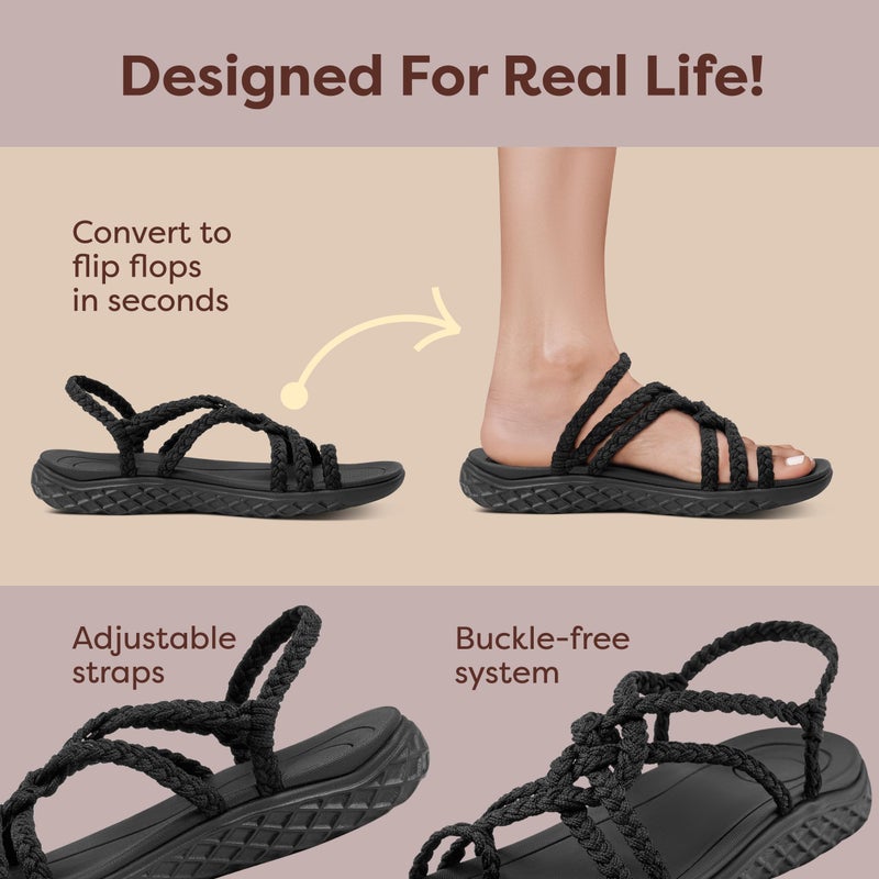 Plaka Explore Walking and Hiking Sandals for Women | Comfortable Summer Sandal with Arch Support | Waterproof Comfy Sandals for Travel, Beach or Poolside | Pure Black | size 10 - Image 4
