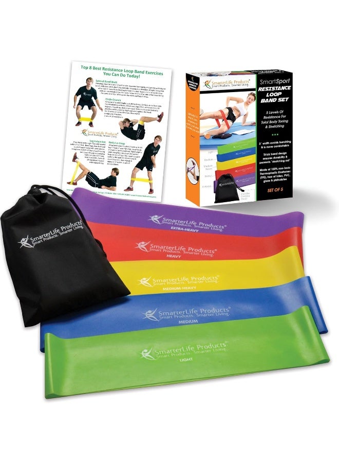 SmarterLife Resistance Bands for Working Out, Non-Latex Exercise Bands for Women, Men, 5 Extra Wide Workout Bands of Increasing Resistance, Booty Bands, Physical Therapy Bands, Workout Guide Included
