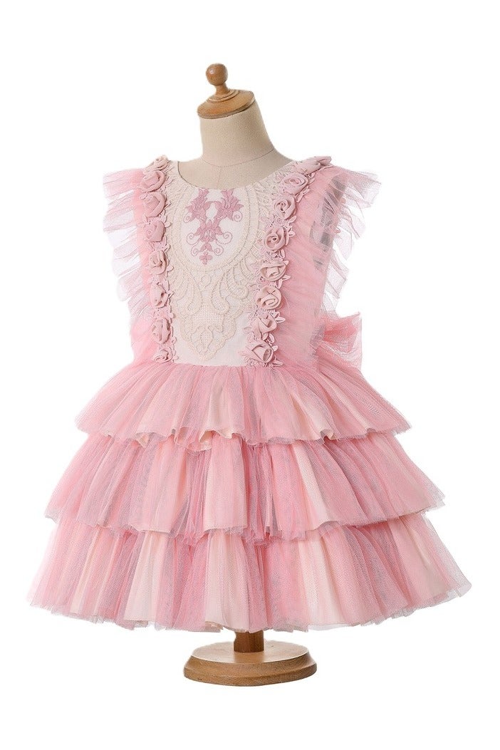 A luxurious occasion dress set with layers, floral decorations on the chest, and a hairband - Image 1