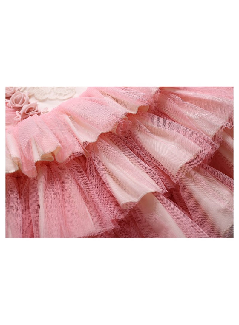A luxurious occasion dress set with layers, floral decorations on the chest, and a hairband - Image 4