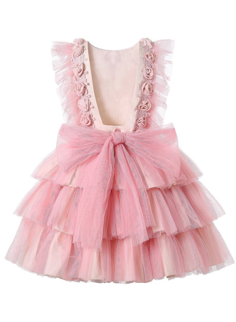 A luxurious occasion dress set with layers, floral decorations on the chest, and a hairband - Image 3