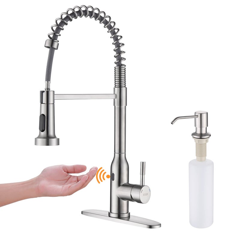 Keer Touchless Kitchen Faucet,KEER Smart Motion Sensor Hands Free Single Handle Spring Kitchen Sink Faucet with Pull Down Sprayer,Brushed Nickel - Image 1