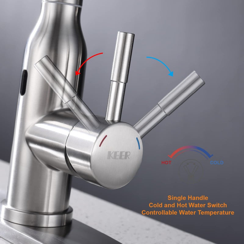 Keer Touchless Kitchen Faucet,KEER Smart Motion Sensor Hands Free Single Handle Spring Kitchen Sink Faucet with Pull Down Sprayer,Brushed Nickel - Image 5