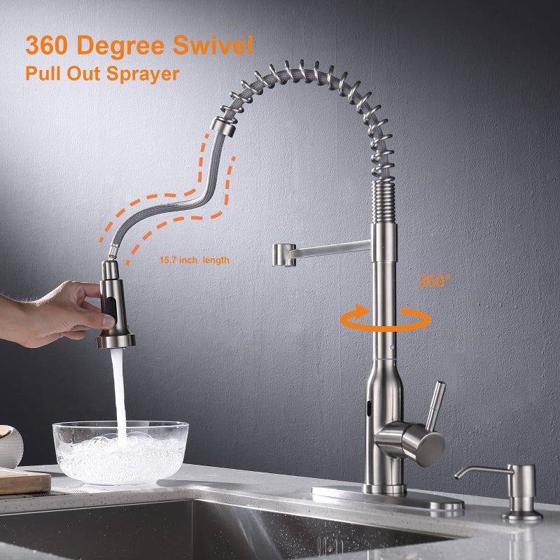 Keer Touchless Kitchen Faucet,KEER Smart Motion Sensor Hands Free Single Handle Spring Kitchen Sink Faucet with Pull Down Sprayer,Brushed Nickel - Image 3