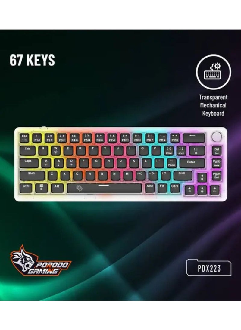 porodo Gaming Pudding Keycaps Transparent Mechanical Keyboard Multi-Function Rotary Knob With 67 English + Arabic Keys, 50+ Million Clicks Lifespan, 1.5-Meter PVC USB - Transparent  - Image 5