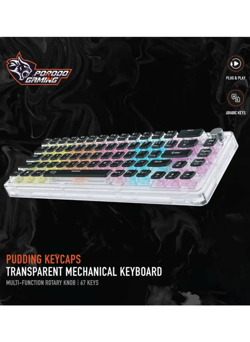 porodo Gaming Pudding Keycaps Transparent Mechanical Keyboard Multi-Function Rotary Knob With 67 English + Arabic Keys, 50+ Million Clicks Lifespan, 1.5-Meter PVC USB - Transparent  - Image 3