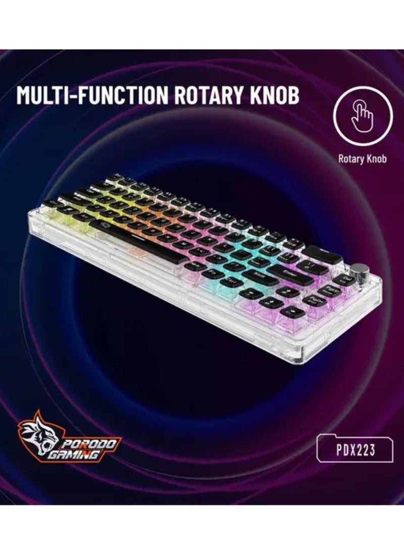 porodo - Gaming Pudding Keycaps Transparent Mechanical Keyboard Multi-Function Rotary Knob With 67 English + Arabic Keys, 50+ Million Clicks Lifespan, 1.5-Meter PVC USB - Transparent - Image 1