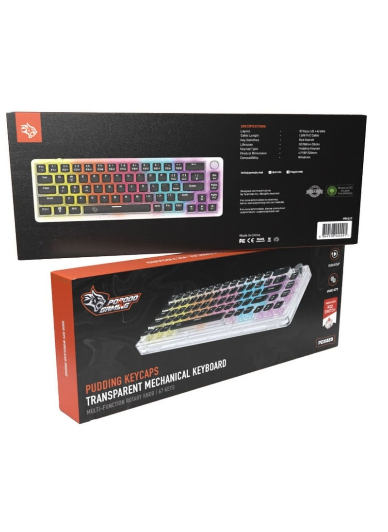 porodo - Gaming Pudding Keycaps Transparent Mechanical Keyboard Multi-Function Rotary Knob With 67 English + Arabic Keys, 50+ Million Clicks Lifespan, 1.5-Meter PVC USB - Transparent - Image 1
