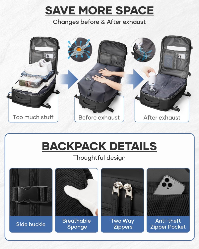 bergsalz Vacuum Backpack Travel With Pump,Mochila De Viaje Compresion Al Vacio,Personal Item Travel Backpack With Vacuum System,Large Carry On Vacpack Backpacks For Women Men,Black - Image 3