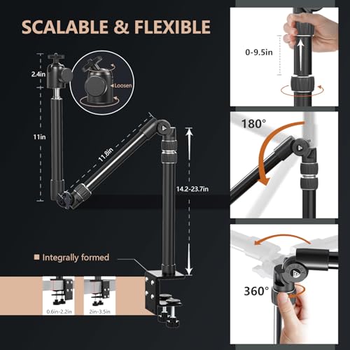 RAUBAY 【All Metal】RAUBAY Desktop Magic Arm, Overhead Camera Desk Mount, Table Light Stand with 1/4“ Ball Head, 3/8" & 5/8" Adapter, C Clamp, Retractable Boom Arm for DSLR, Webcam, Microphone, Projector DMA01 - Image 2