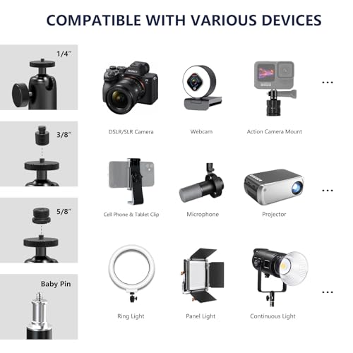 RAUBAY 【All Metal】RAUBAY Desktop Magic Arm, Overhead Camera Desk Mount, Table Light Stand with 1/4“ Ball Head, 3/8" & 5/8" Adapter, C Clamp, Retractable Boom Arm for DSLR, Webcam, Microphone, Projector DMA01 - Image 5