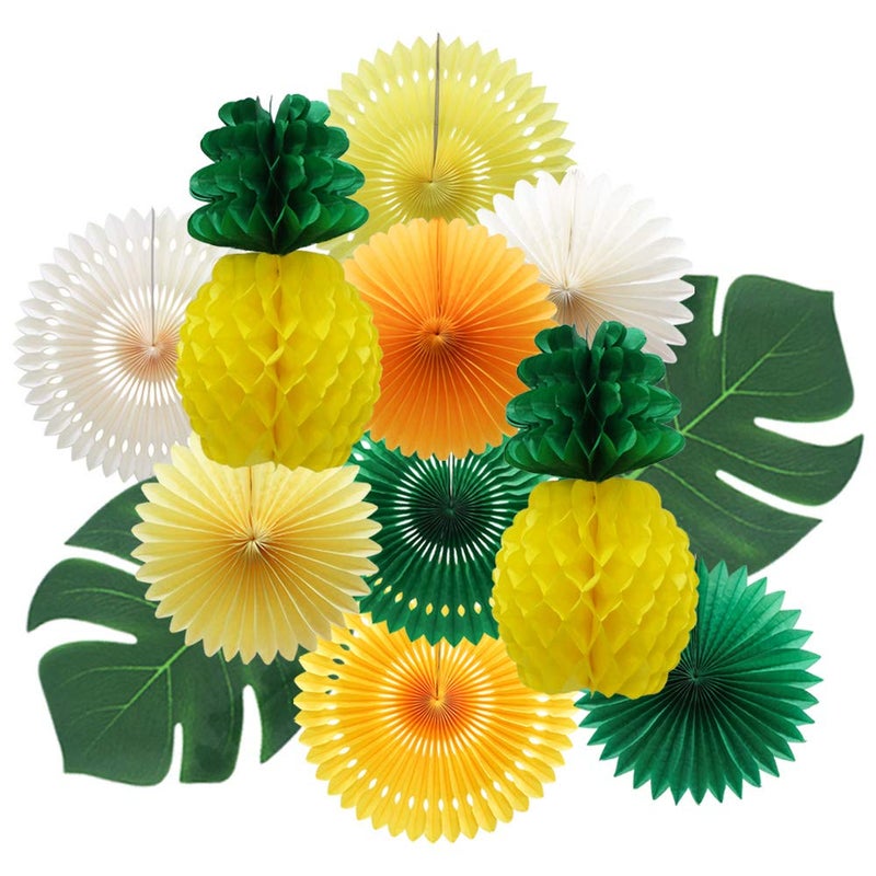 MEIDUO Summer Pineapple Party Decoration Hawaiian Party Supplies Tropical Palm Leaves Honeycomb Pineapple Hanging Paper Fans for Adults Kids Birthday Baby Shower Bachelorette Yellow
