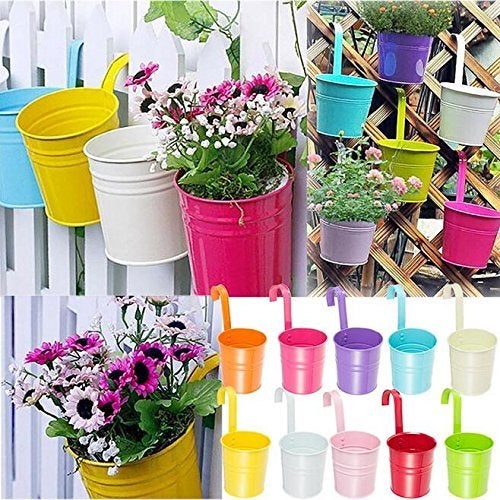 KINGLAKE Flower Pots,10 Pcs Metal Iron Hanging Flower Plant Pots Balcony Garden Plant Planter Baskets Fence Bucket Pot 4'' Flower Holders with Detachable Hook - Image 2