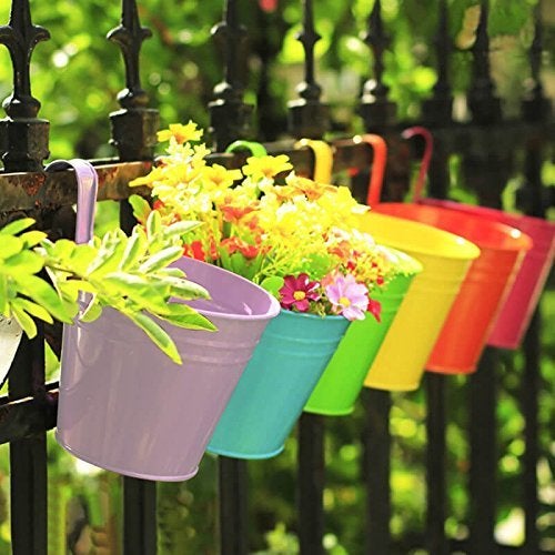 KINGLAKE Flower Pots,10 Pcs Metal Iron Hanging Flower Plant Pots Balcony Garden Plant Planter Baskets Fence Bucket Pot 4'' Flower Holders with Detachable Hook - Image 1