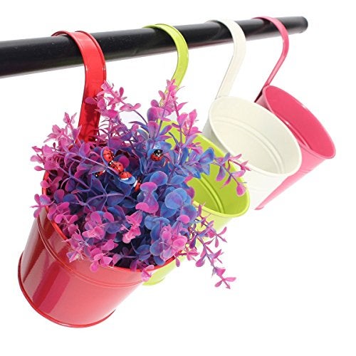 KINGLAKE Flower Pots,10 Pcs Metal Iron Hanging Flower Plant Pots Balcony Garden Plant Planter Baskets Fence Bucket Pot 4'' Flower Holders with Detachable Hook - Image 3