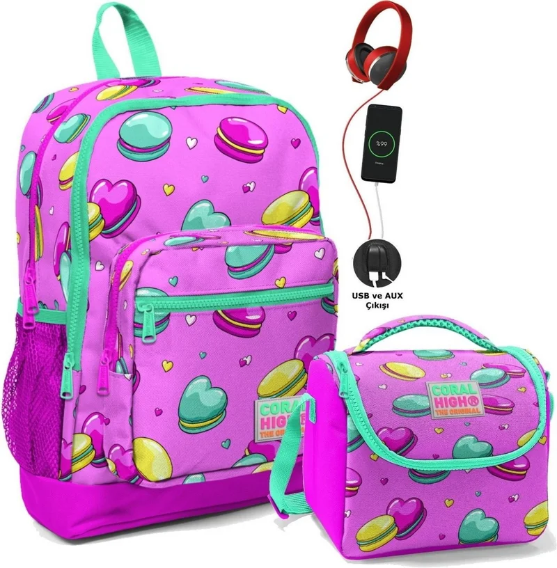 CORAL HIGH School Bag and Lunch Box Set - Girl Pink Macaron - USB Socket
