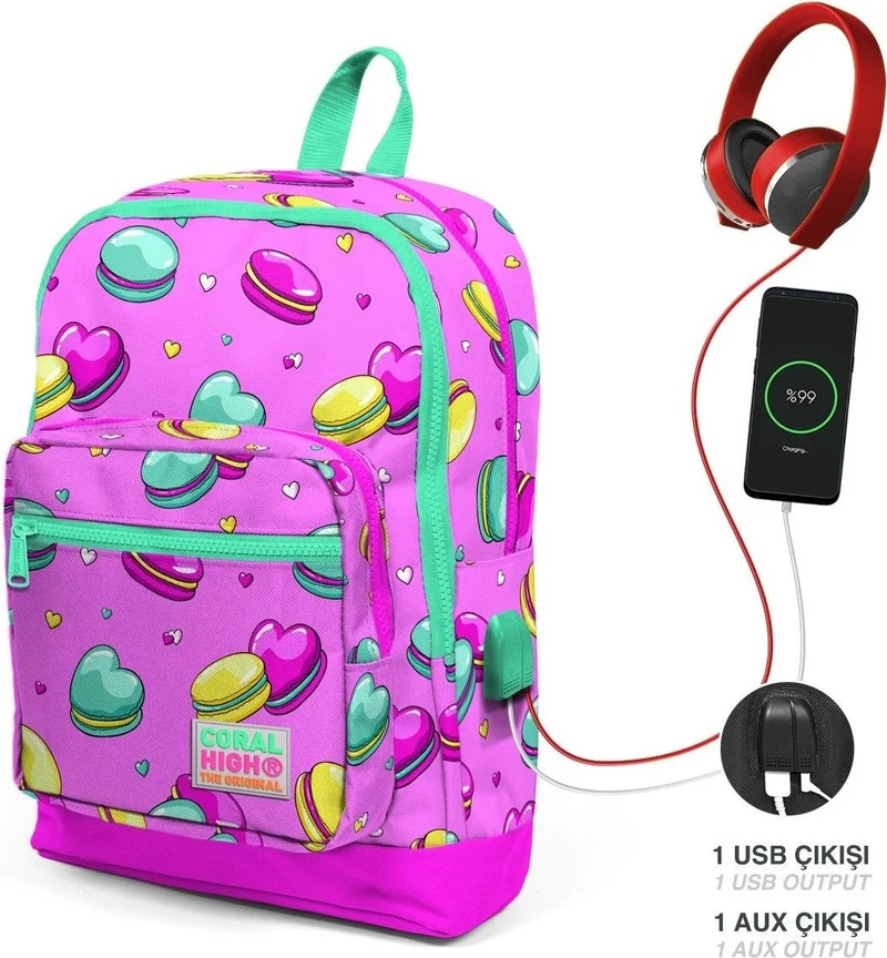 CORAL HIGH School Bag and Lunch Box Set - Girl Pink Macaron - USB Socket